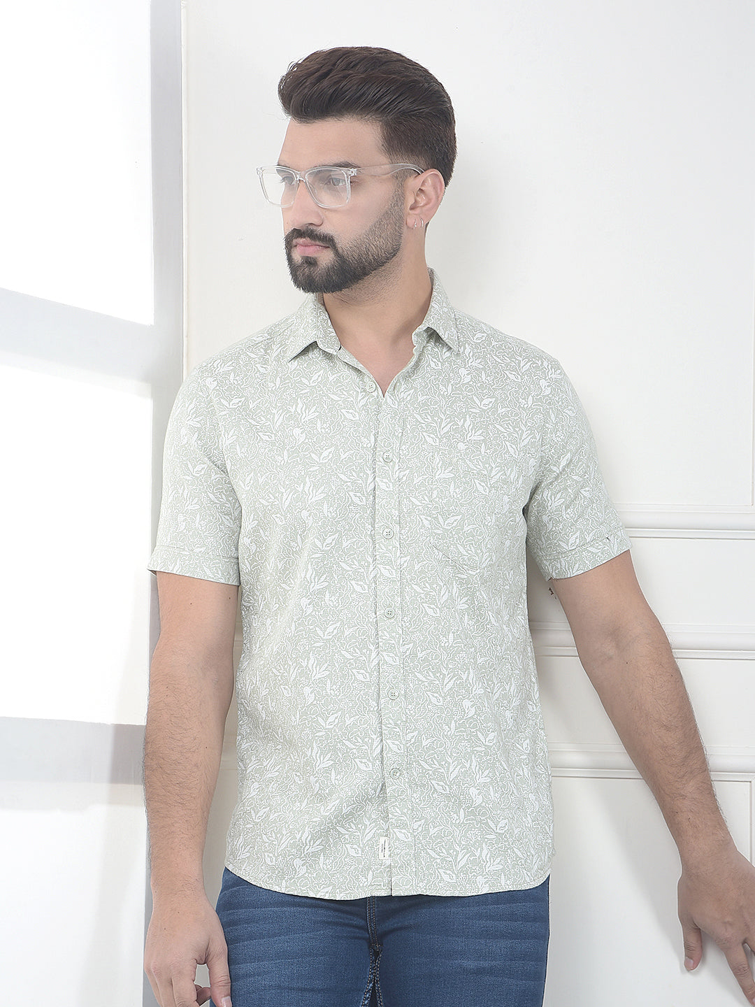 Green Floral Printed 100% Cotton Shirt