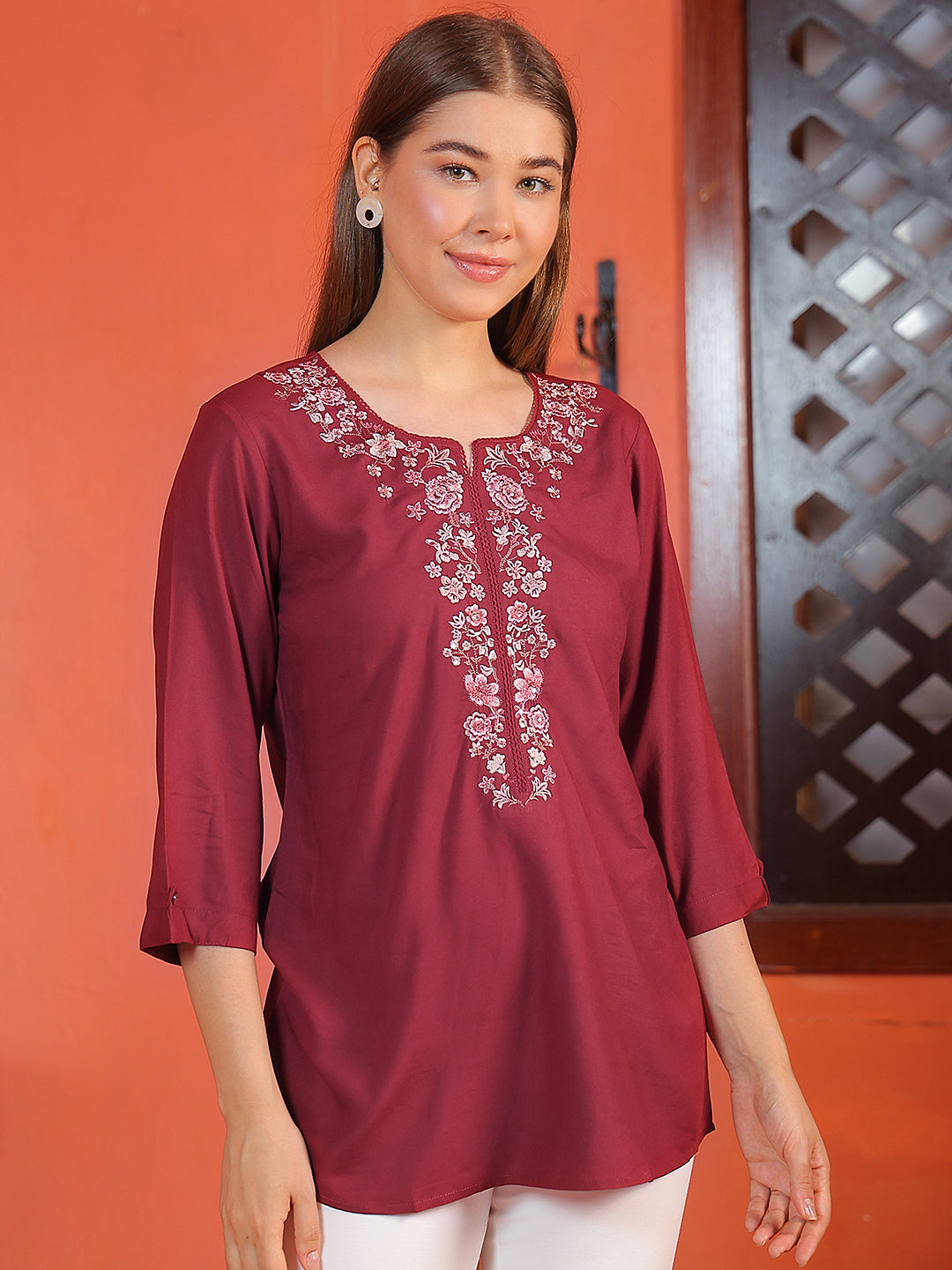 Maroon Embroidered Crew Neck Top