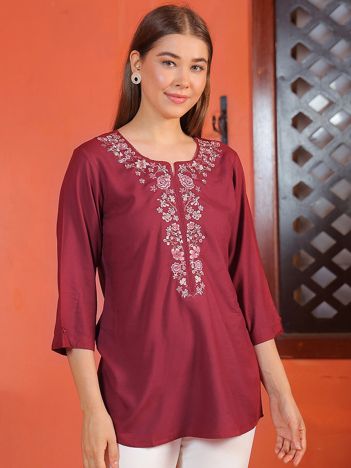 Maroon Embroidered Crew Neck Top