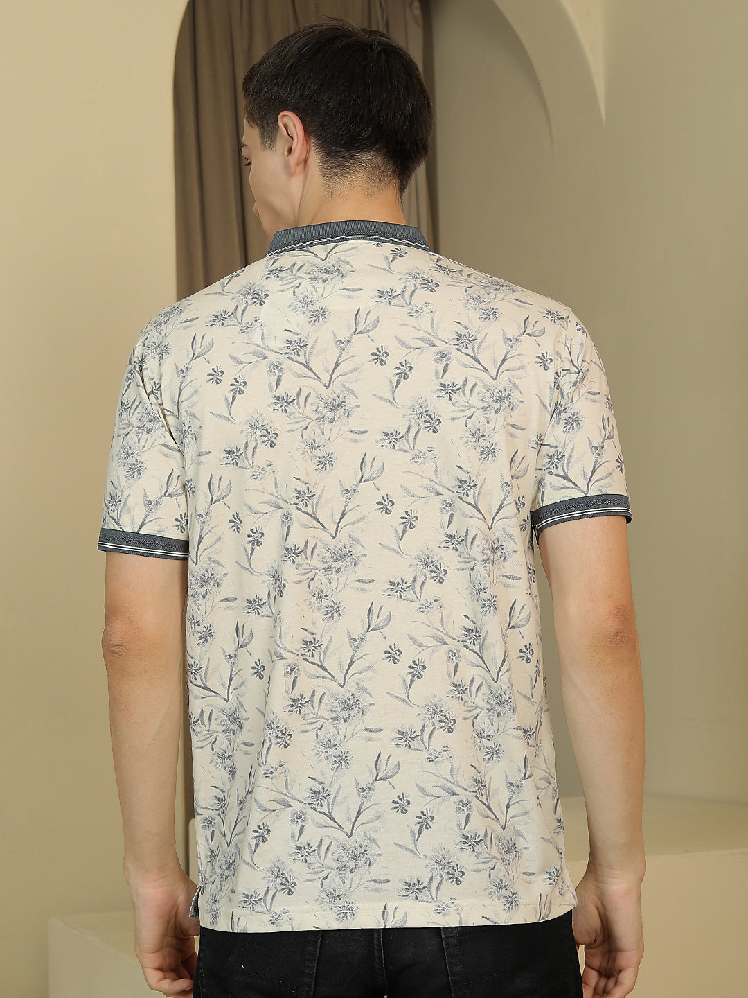 Grey Floral Print Polo Neck T-Shirt