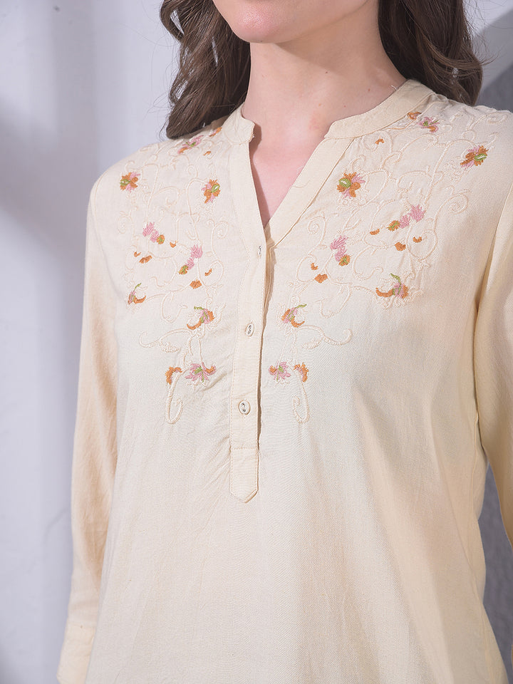 Beige Embroidered V-Neck Top
