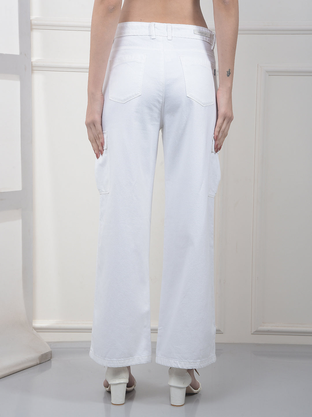 White 100% Cotton Wide-Leg Cargo Jeans