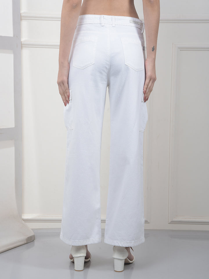 White 100% Cotton Wide-Leg Cargo Jeans