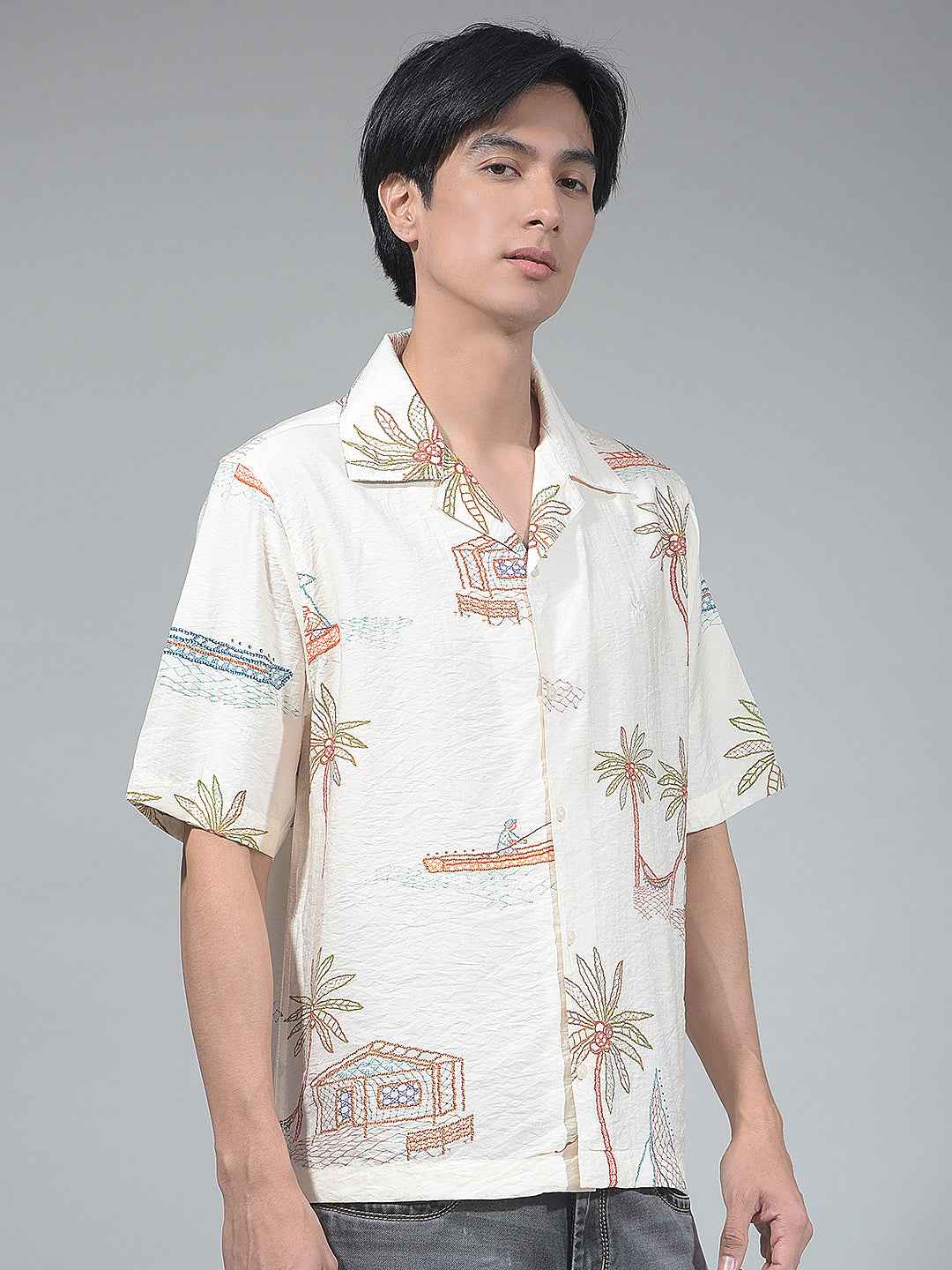 Beige Botanical Print Resort-Collar Shirt