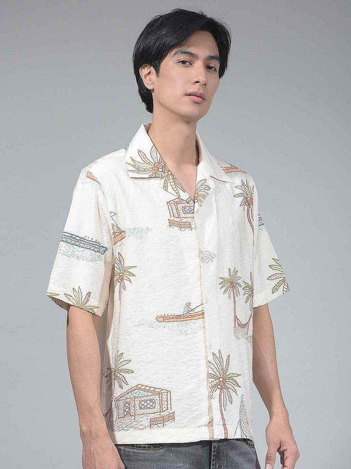 Beige Botanical Print Resort-Collar Shirt