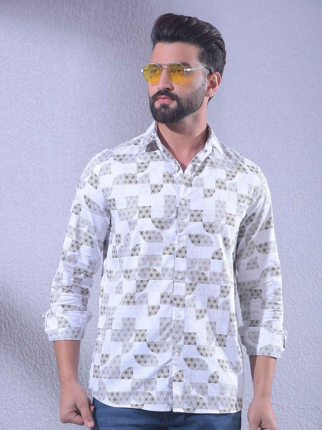 Olive Printed 100% Cotton Shirt