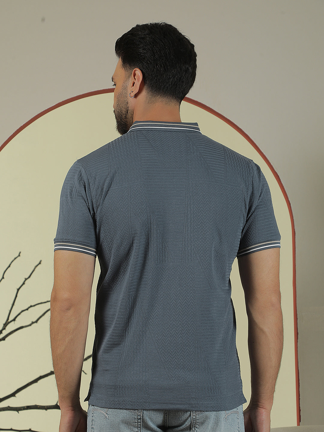 Blue Jacquard Polo Neck T-Shirt