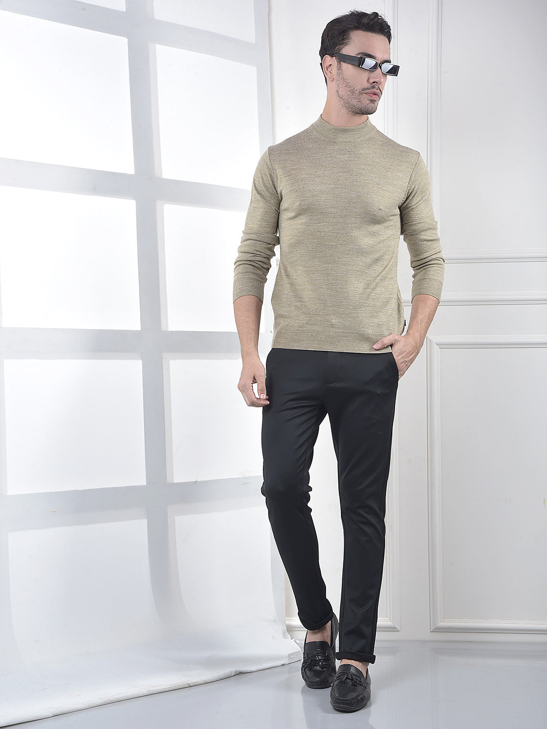 Beige High-Neck Knitted Sweater
