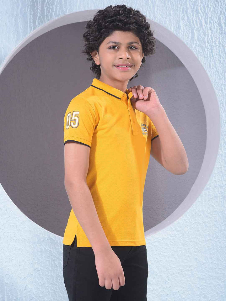 Yellow Typographic Print Polo Neck T-Shirt