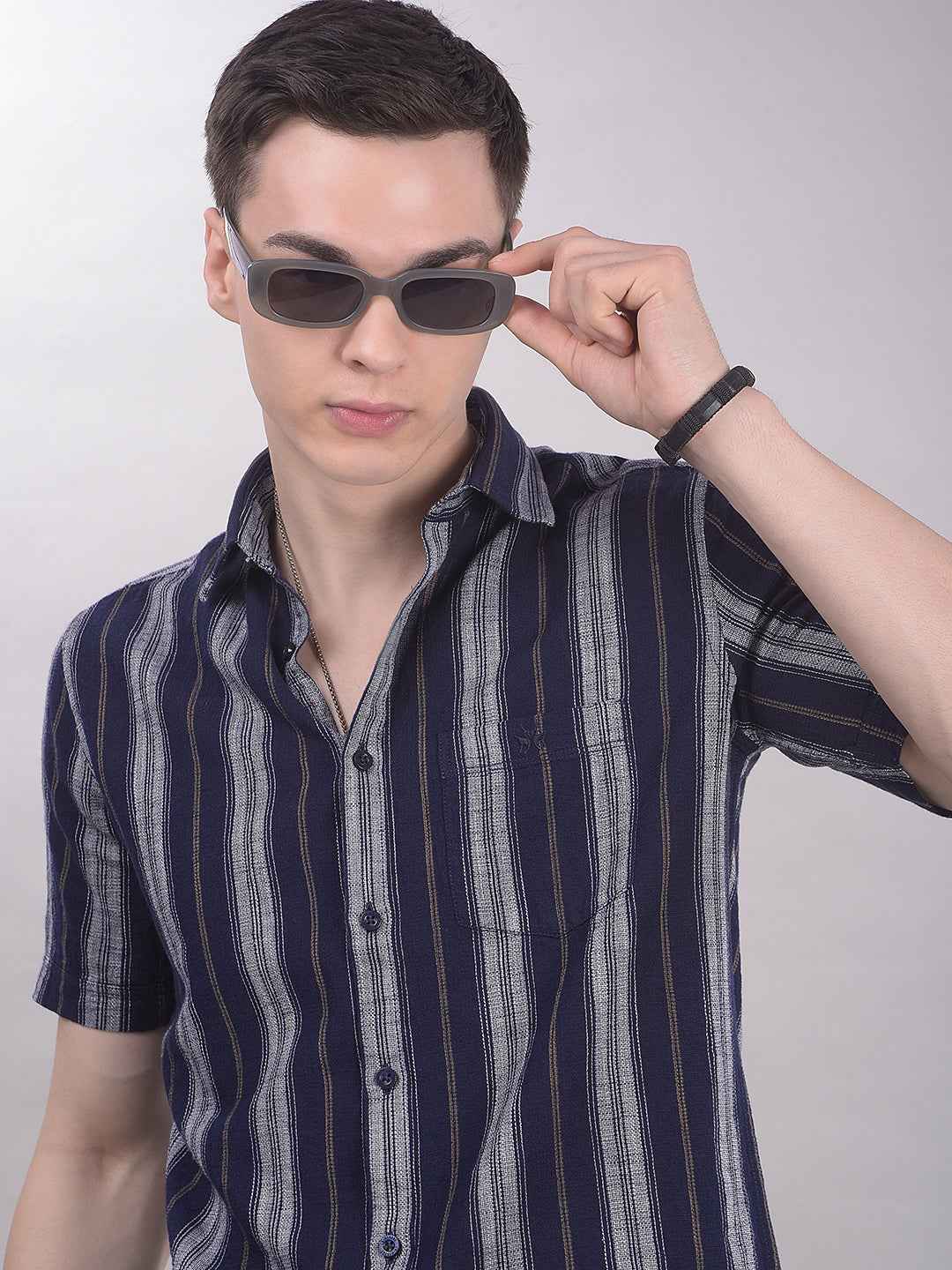 100% Cotton Navy Blue Vertical Stripes Shirt