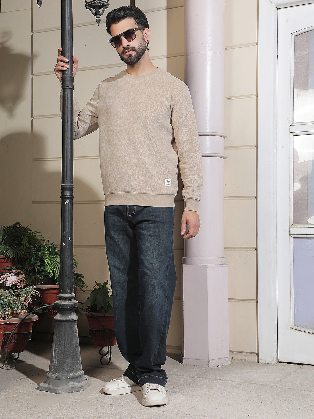 Sleek Cream Beige Jacquard Sweatshirt