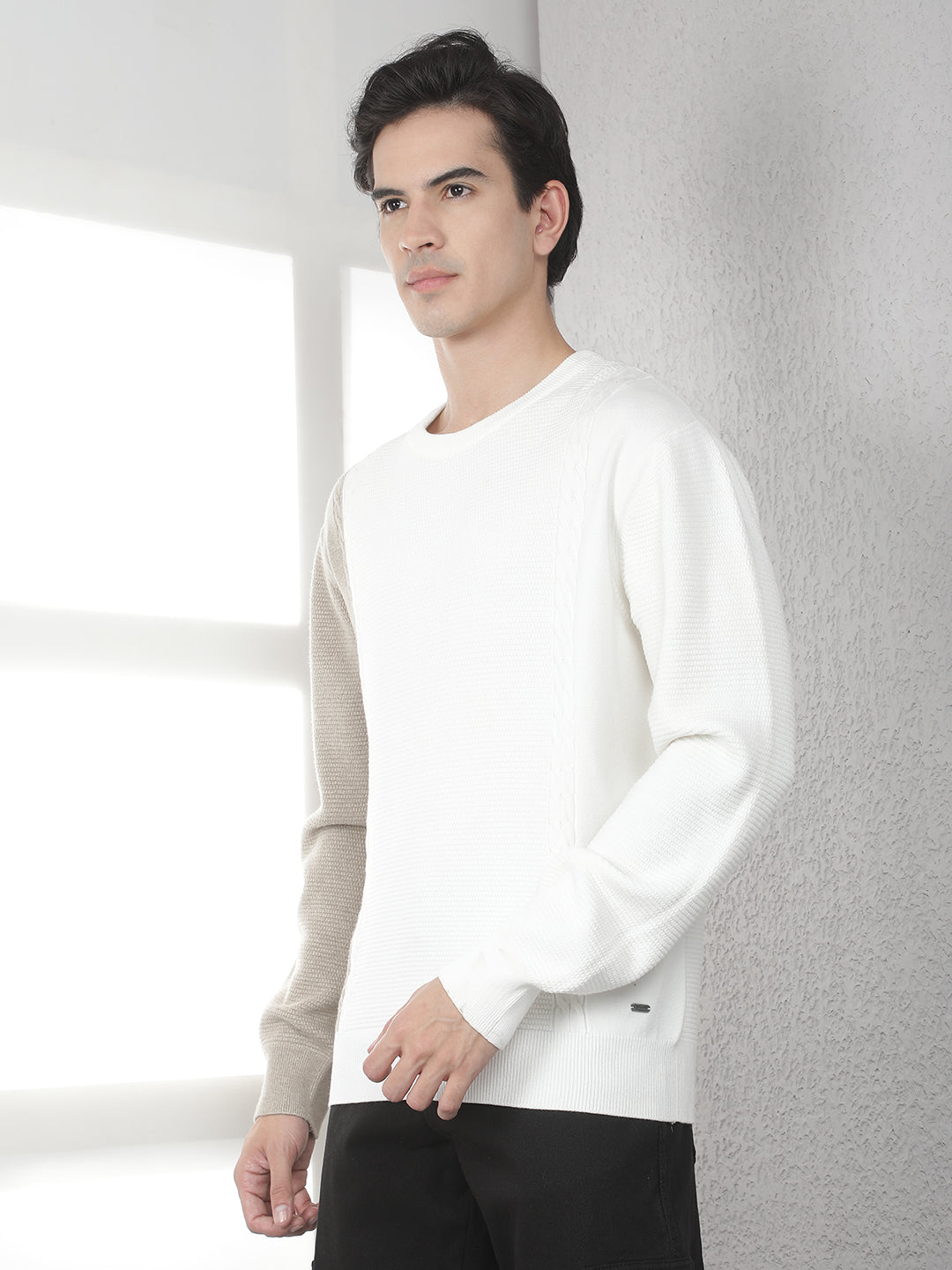 Beige Colorblocked Round Neck Sweater