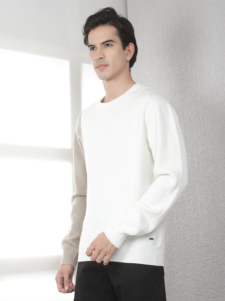 Beige Colorblocked Round Neck Sweater
