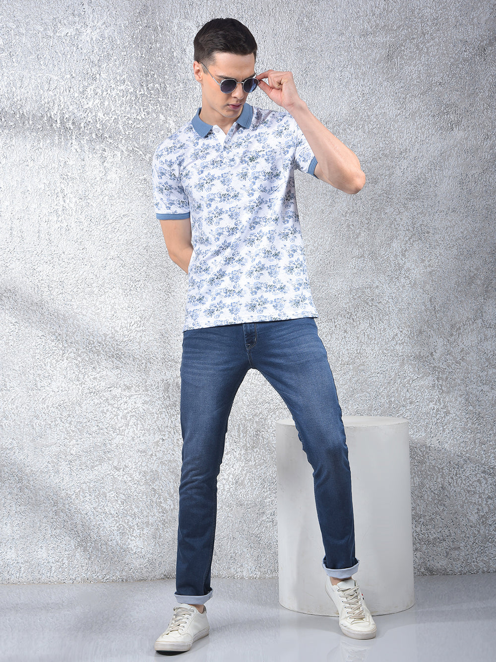 Green Floral Print Polo-Neck T-Shirt