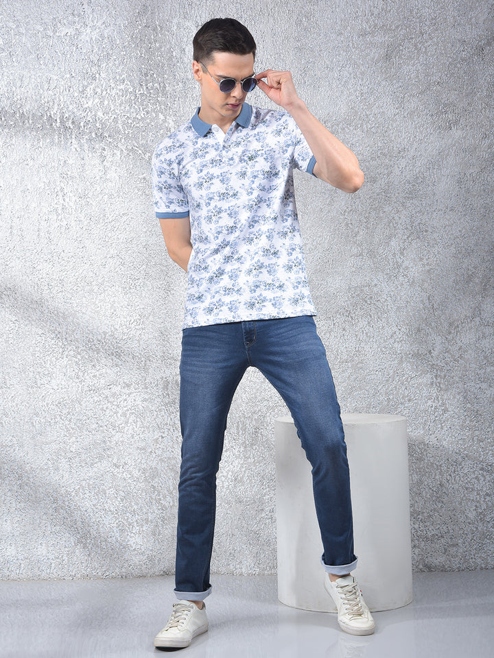 Green Floral Print Polo-Neck T-Shirt