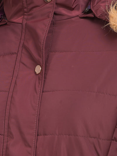 Maroon Hooded Neck Puffer Jacket
