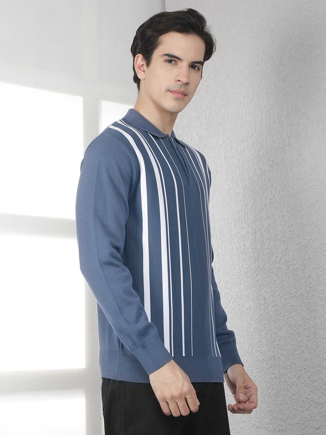 Blue Vertical Striped Polo Neck 100% cotton Sweater