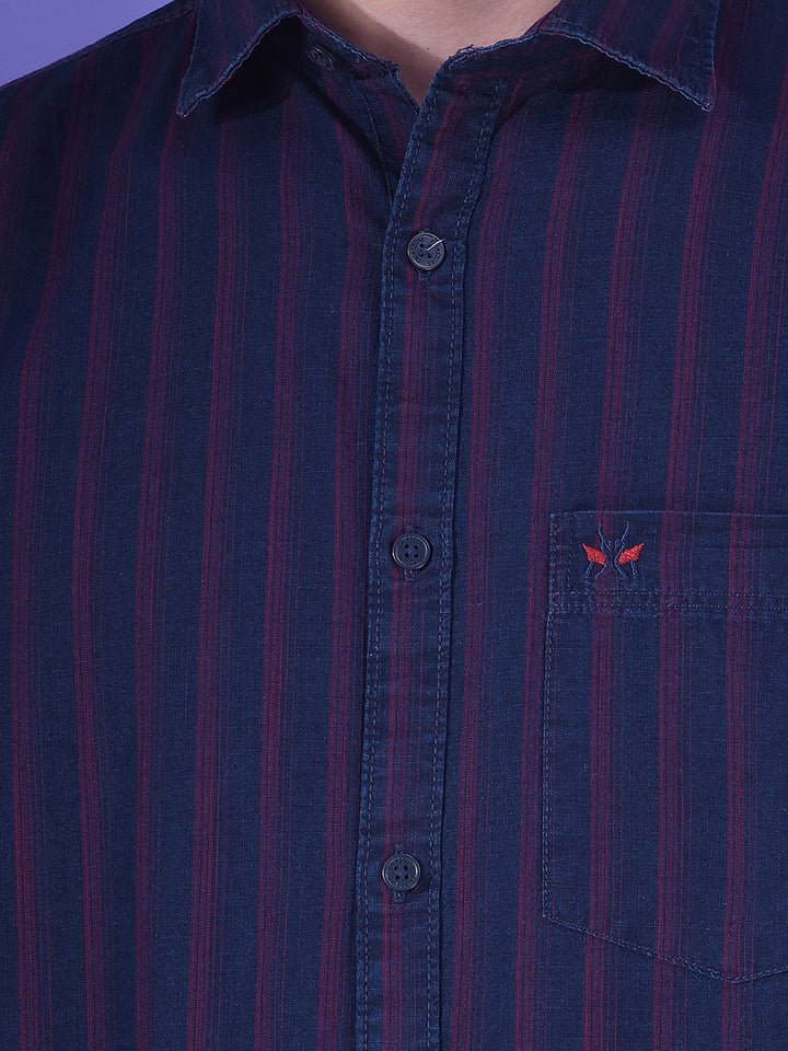 Navy Blue Vertical Stripes 100% Cotton Shirt