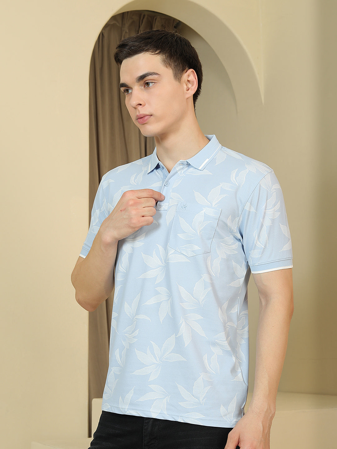 Blue Floral Print Polo Neck T-Shirt