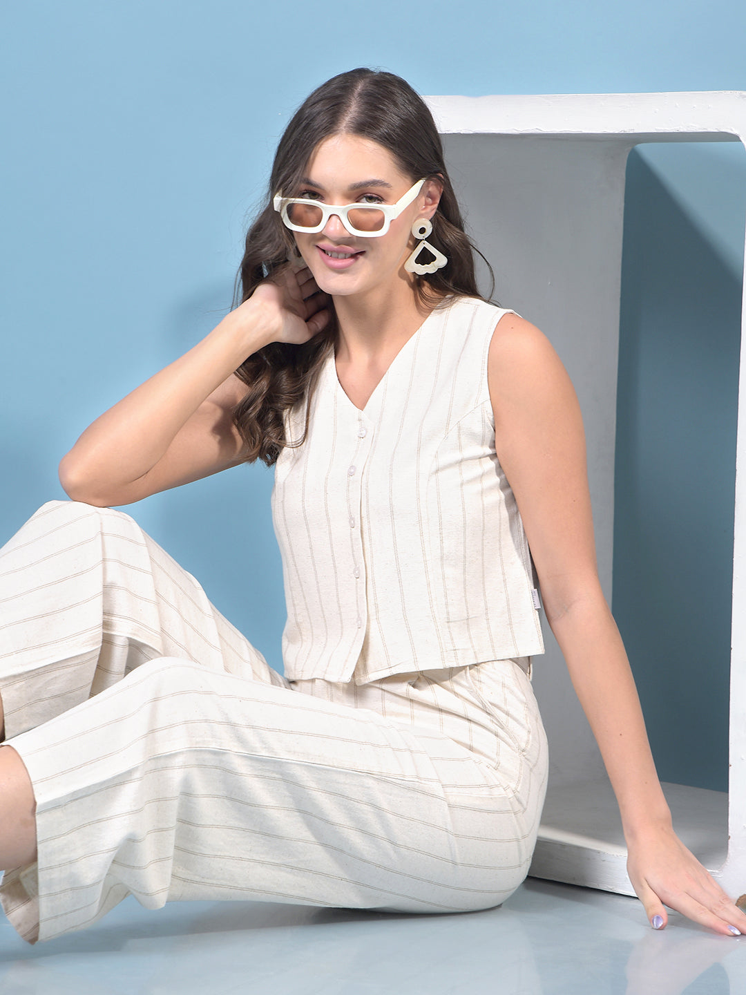 Women's Beige Vertical Stripes Sleeveless Linen Cropped Waist-Coat-Women Waist-Coats-Crimsoune Club