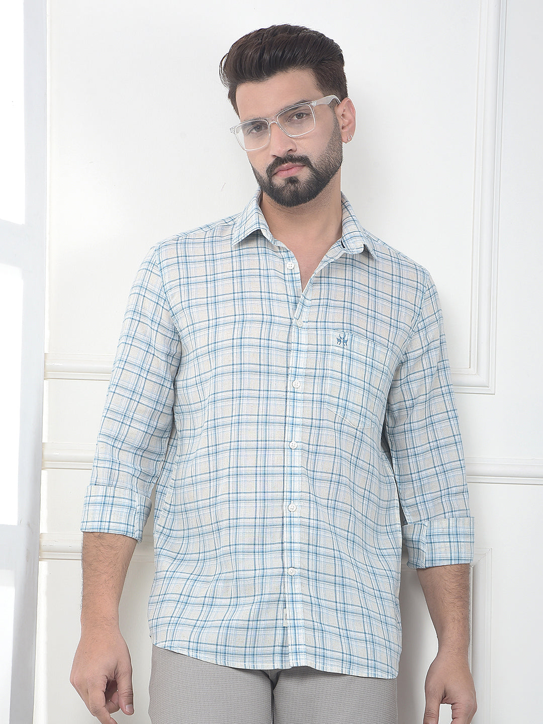 Periwinkle Blue Checked Linen Shirt