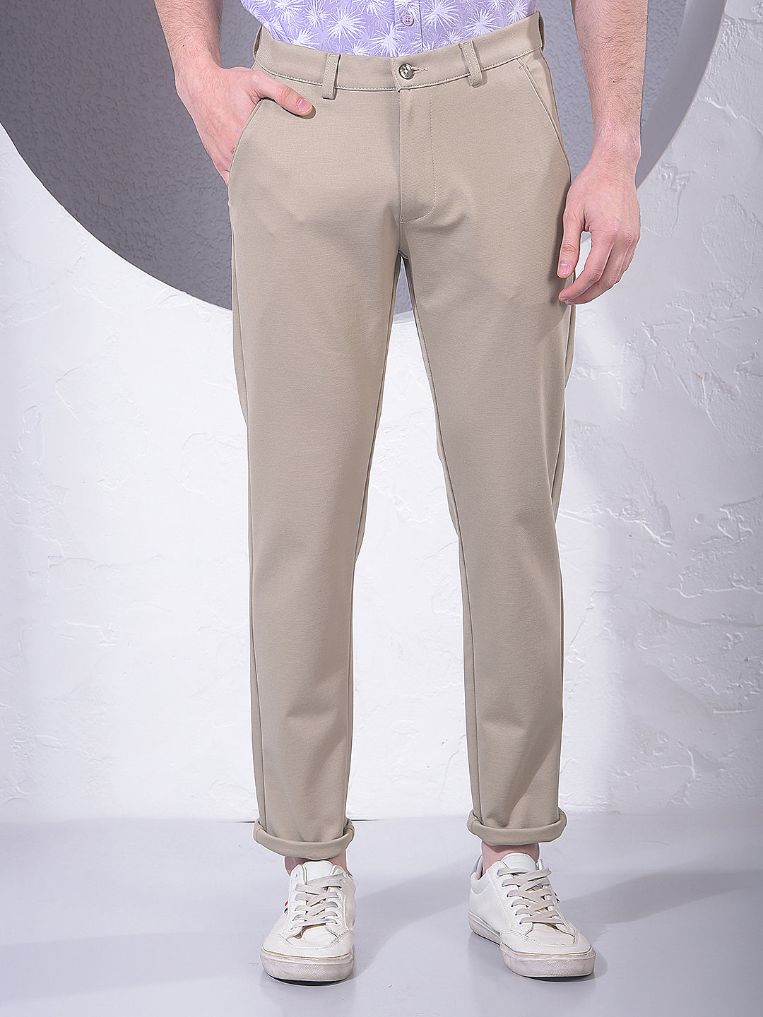 Beige Printed Knitted Trousers