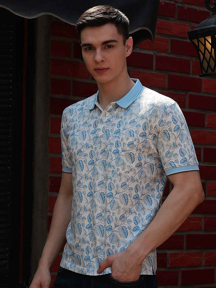 Blue Floral Print Polo Neck T-Shirt