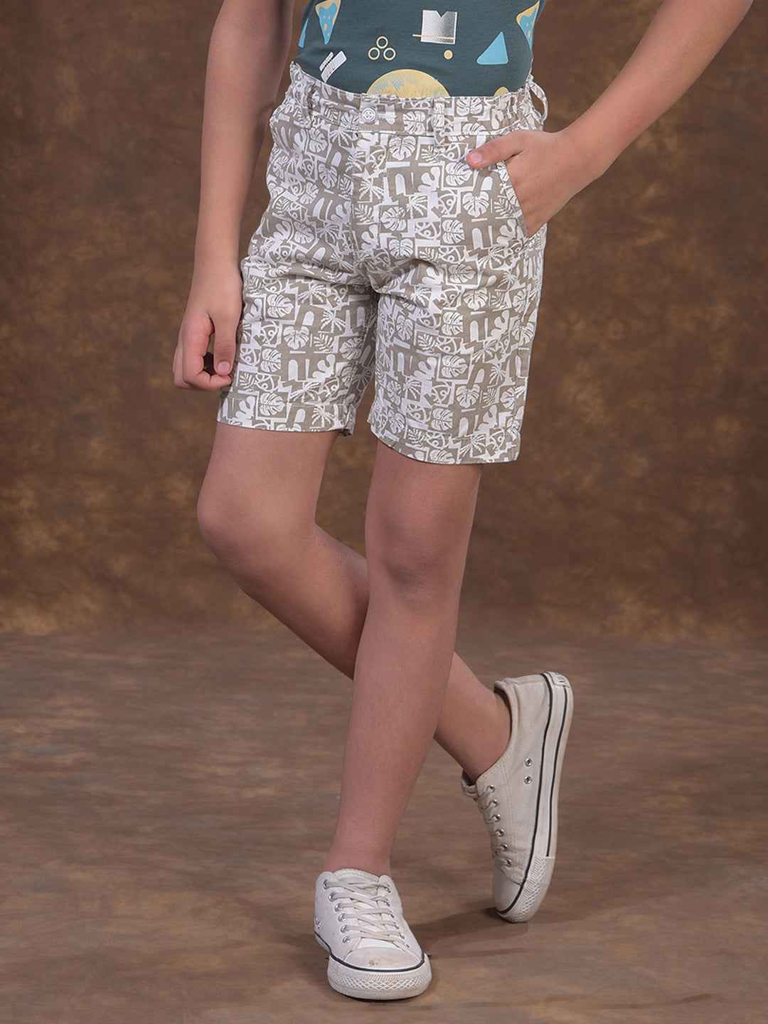 Khaki Printed 100% Cotton Shorts