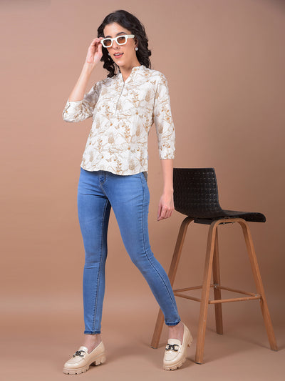 Olive Floral Print V-Neck Linen Top