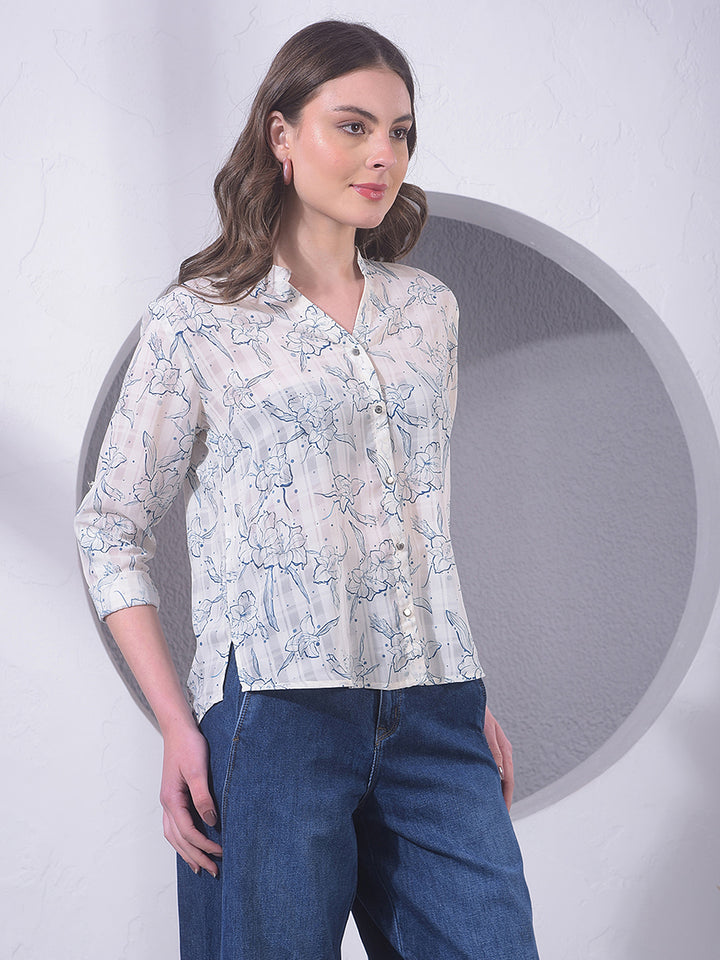 White Floral Print V-Neck Shirt