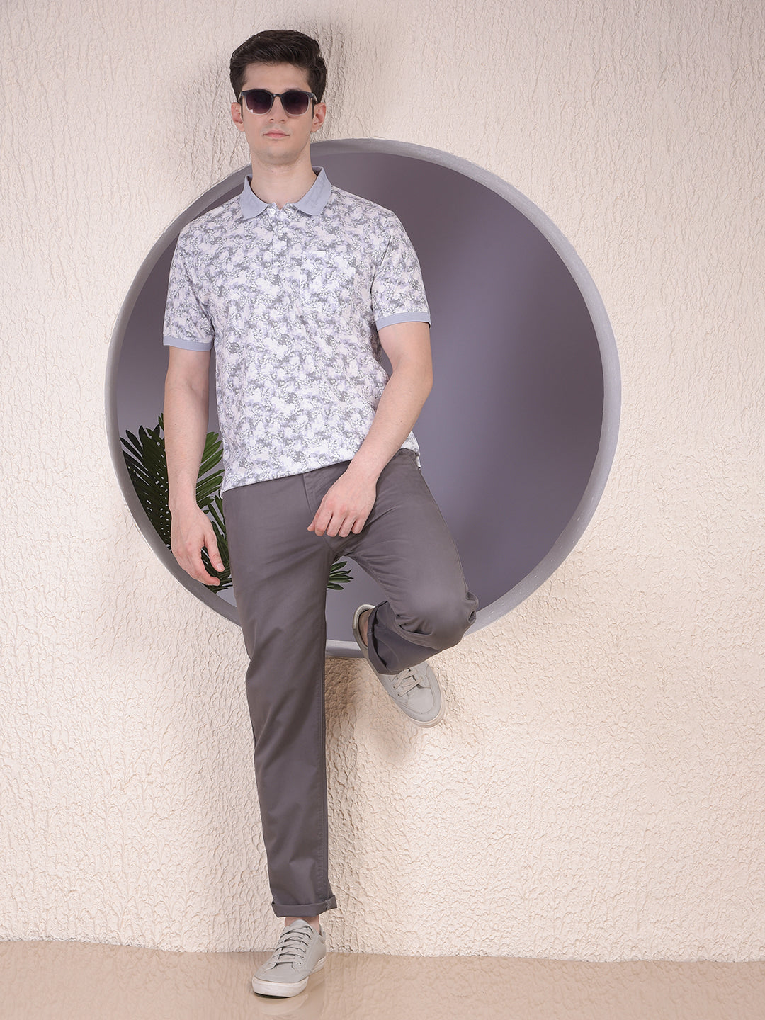 Purple Floral Print Polo-Neck T-Shirt