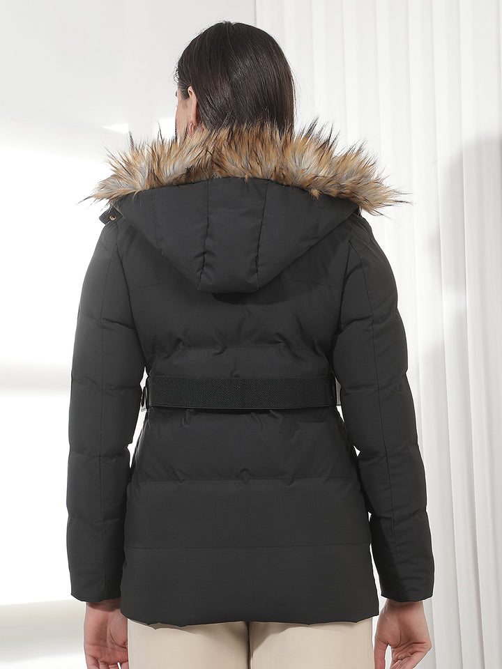 Black Hooded Puffer Jacket With Belt