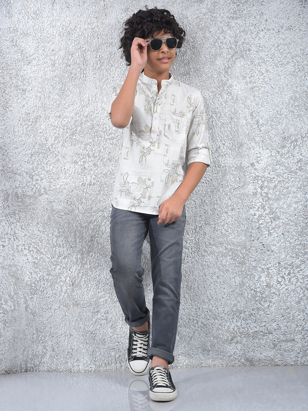 White Floral Print 100% Cotton Kurta