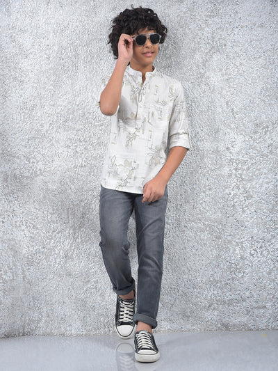 White Floral Print 100% Cotton Kurta