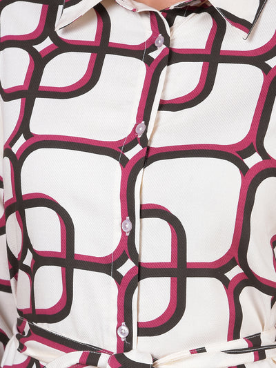 White Printed Belted Shirt Dress