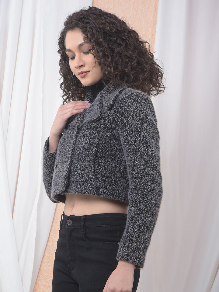 Black Notched Lapel Cropped Fur Coat