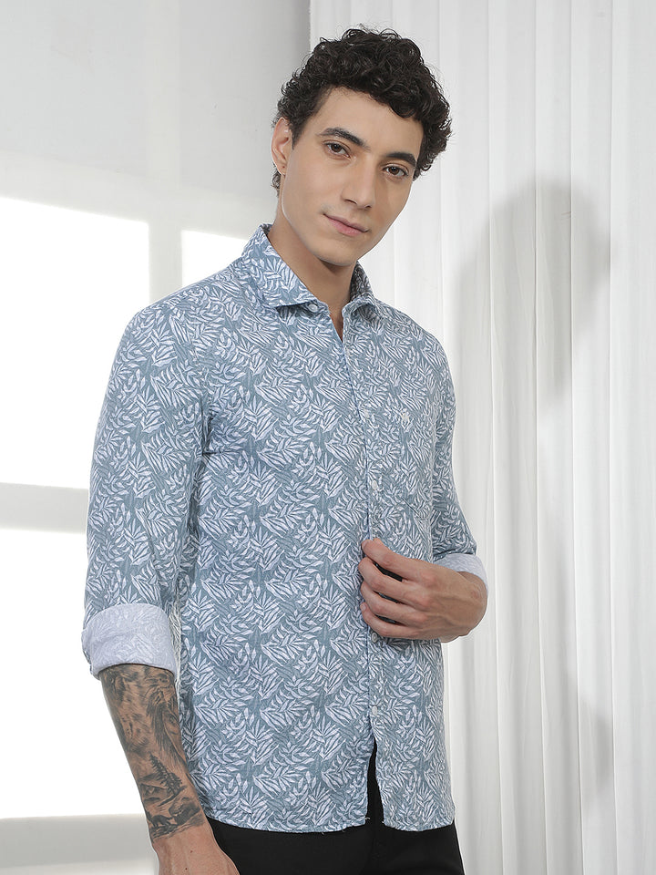 Blue Botanical Print 100% Cotton Shirt