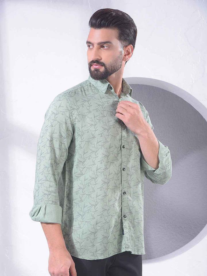 Green Floral Print Linen Shirt