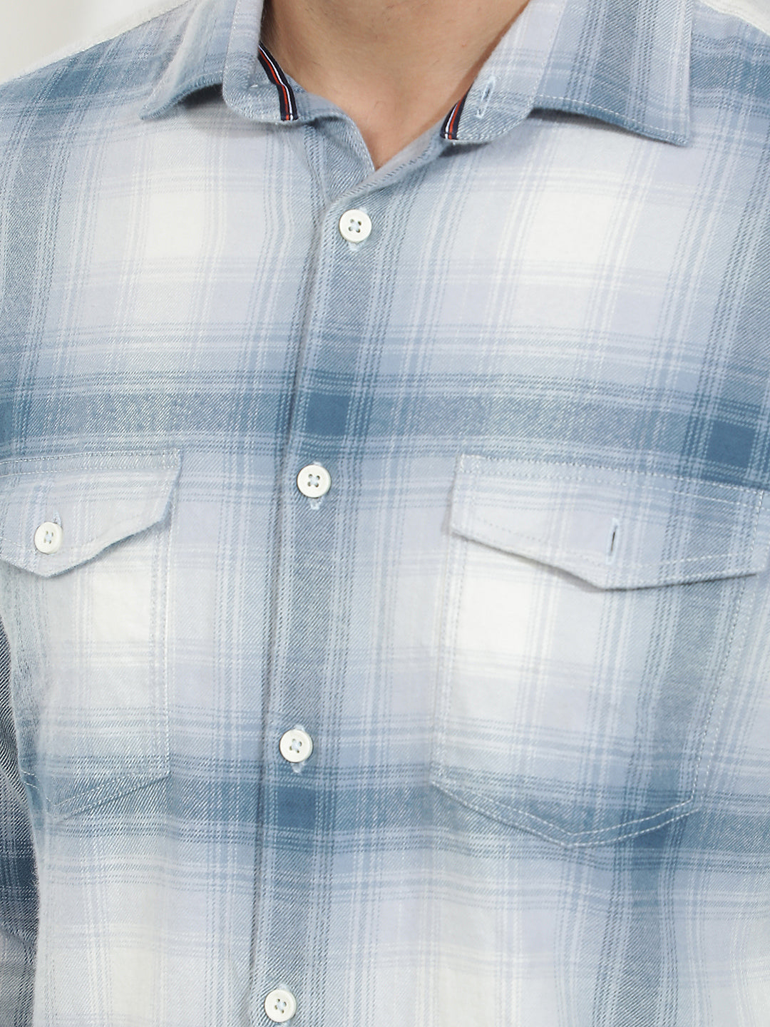 Blue Checked 100% Cotton Double Pocket Shirt