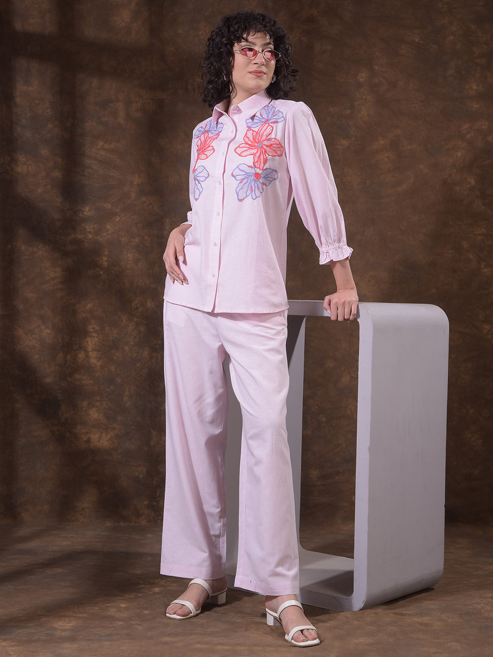Structured Coral Pink Embroidered Shirt
