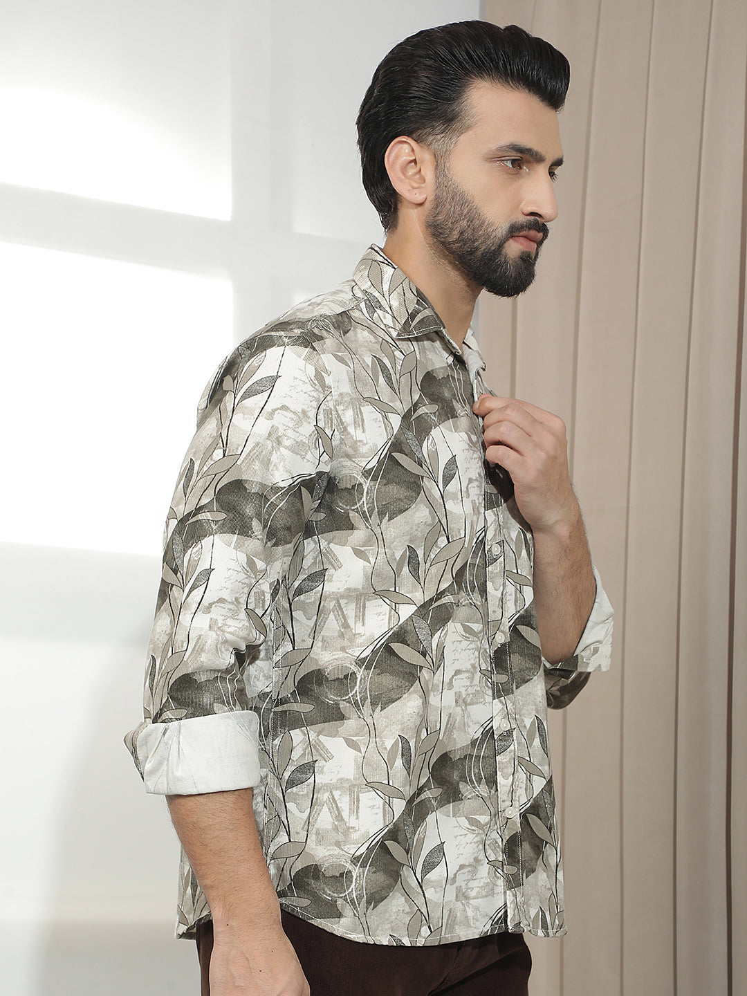 Brown 100% Cotton Botanical Printed Corduroy Shirt