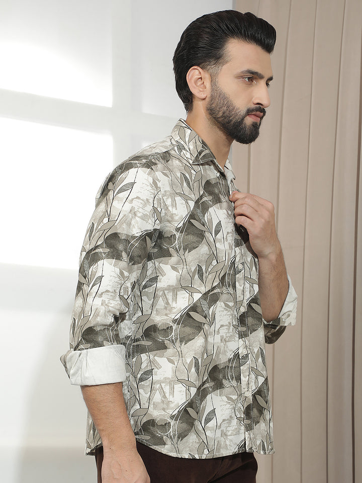 Brown 100% Cotton Botanical Printed Corduroy Shirt