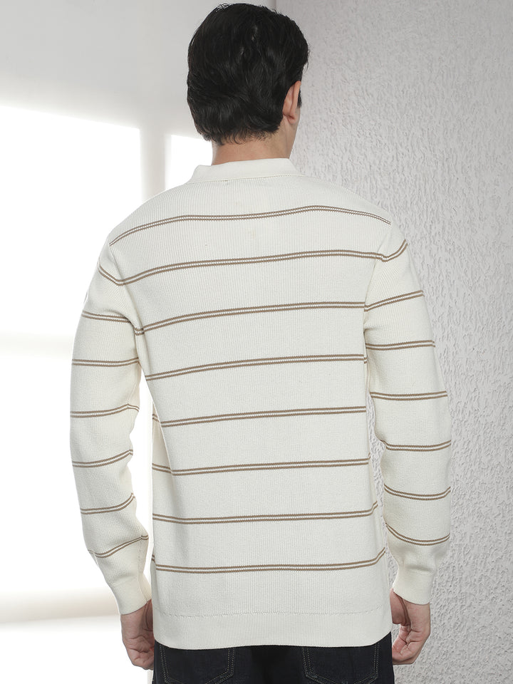 White 100% Cotton Horizontal Stripes Polo Neck Sweater
