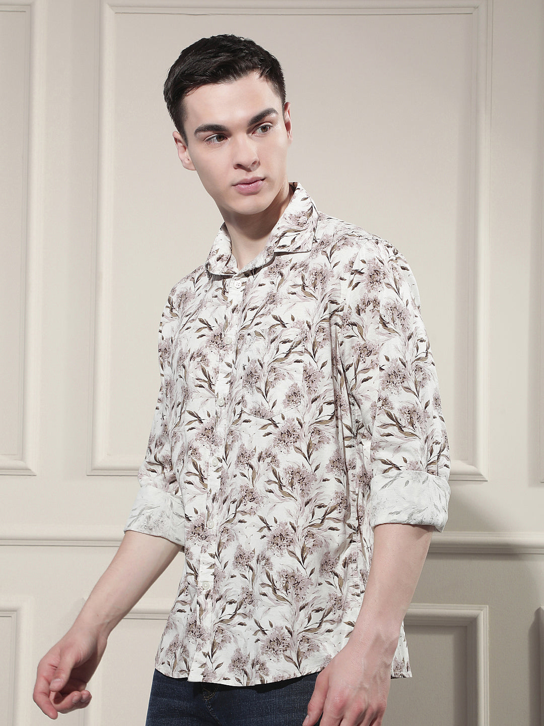 Brown Floral Print Linen Shirt