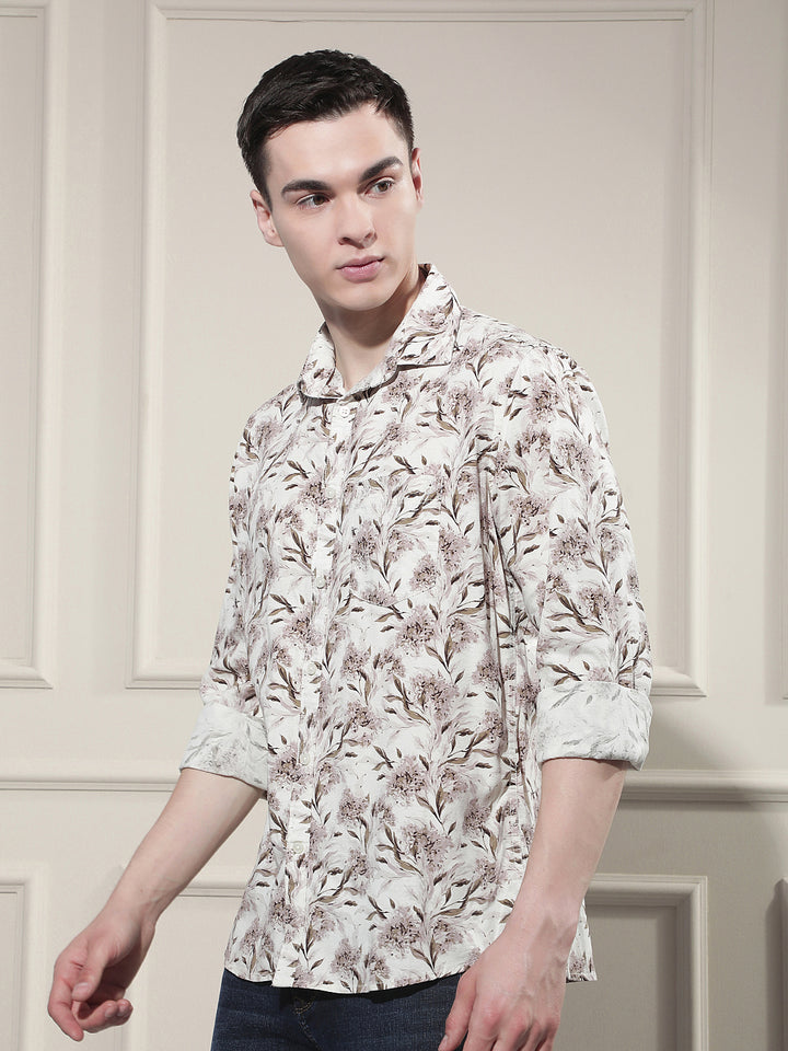 Brown Floral Print Linen Shirt