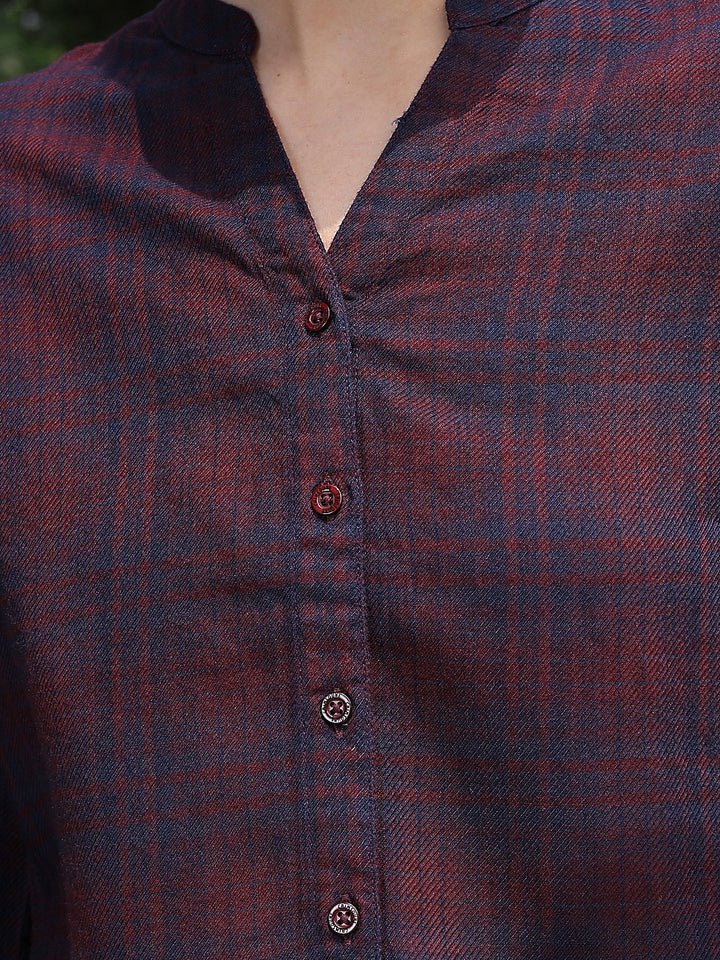 Maroon Checked V-Neck Shirt