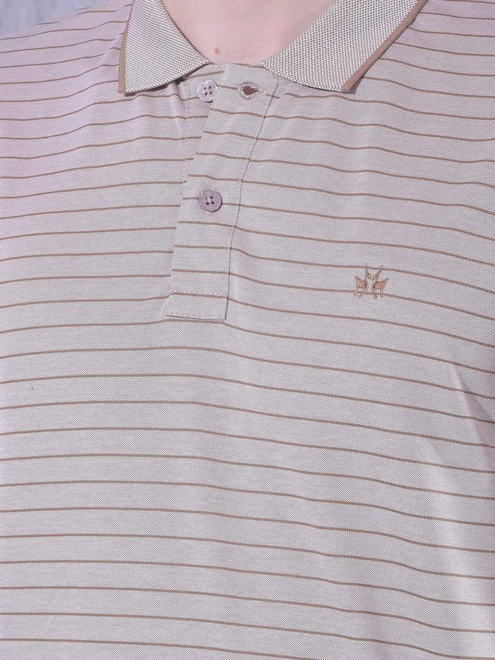 Beige Horizontal Stripes Polo Neck T-Shirt
