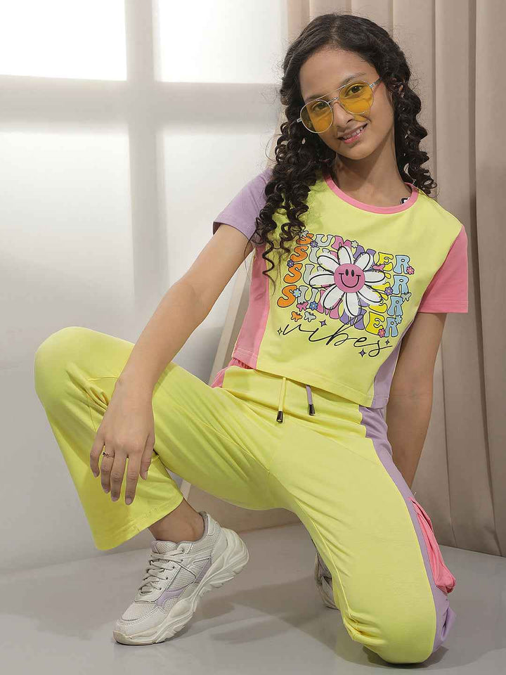 Yellow Color-Blocked Cropped T-Shirt