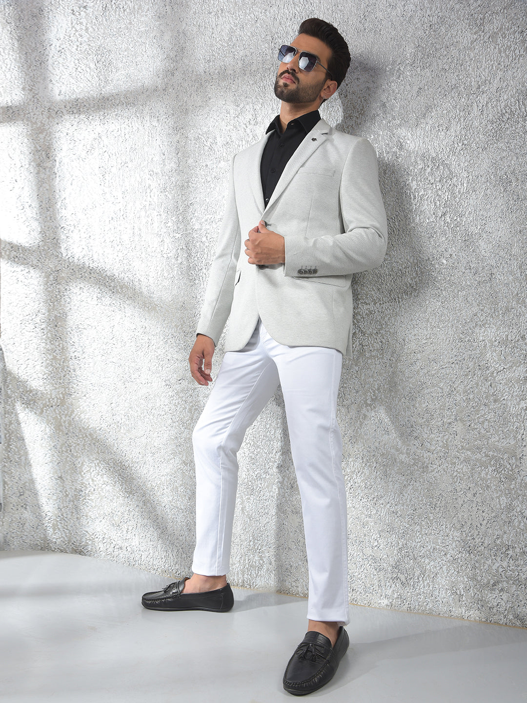 Off White Notched Lapel Single-Breasted Blazer