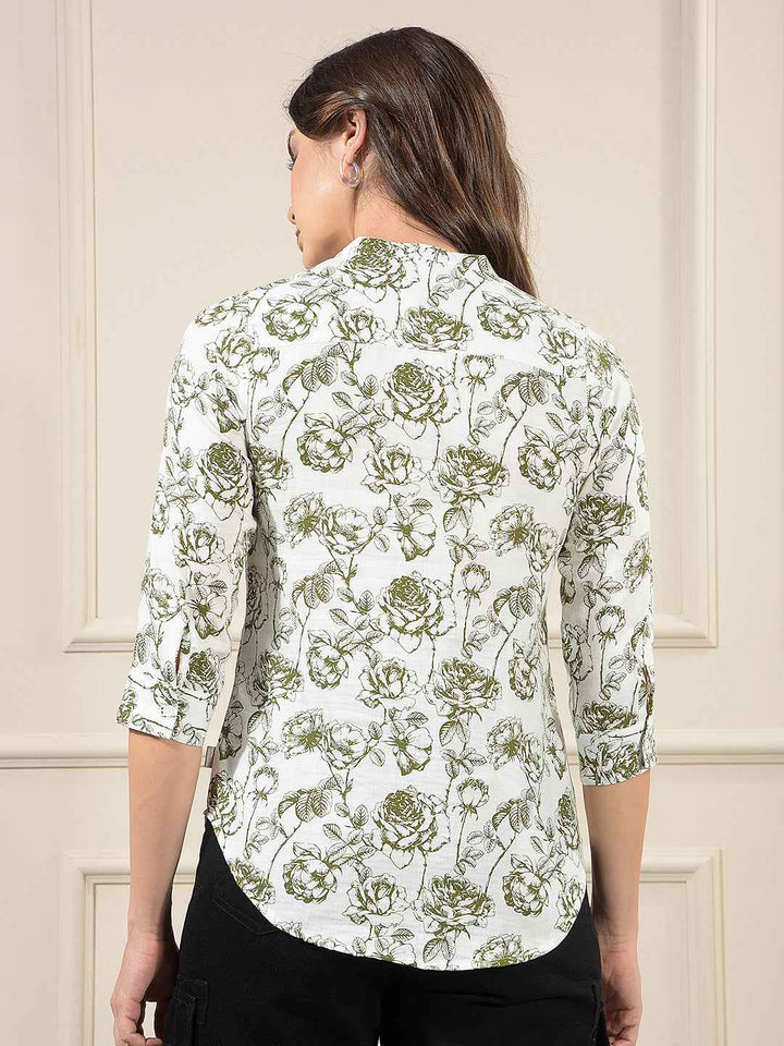 Green Floral Print V-Neck 100% Cotton Top